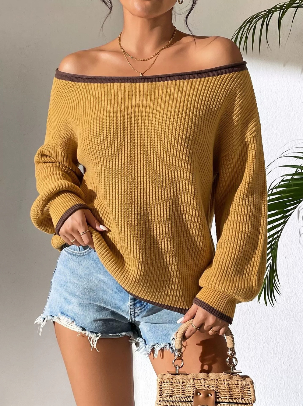 Zara Off Shoulder Color Block Chunky Knit Sweater Fall Winter Cozy Long Sleeve